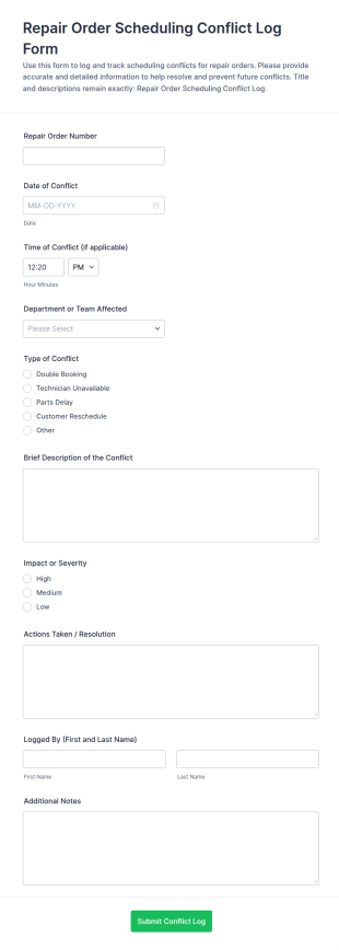 Repair Order Scheduling Conflict Log Form Template