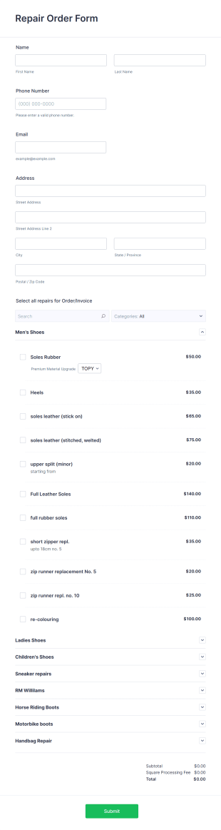 Repair Order Form Template