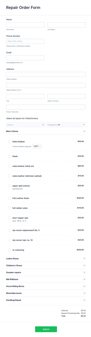 Repair Order Form Template