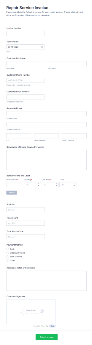 Repair Service Invoice Form Template