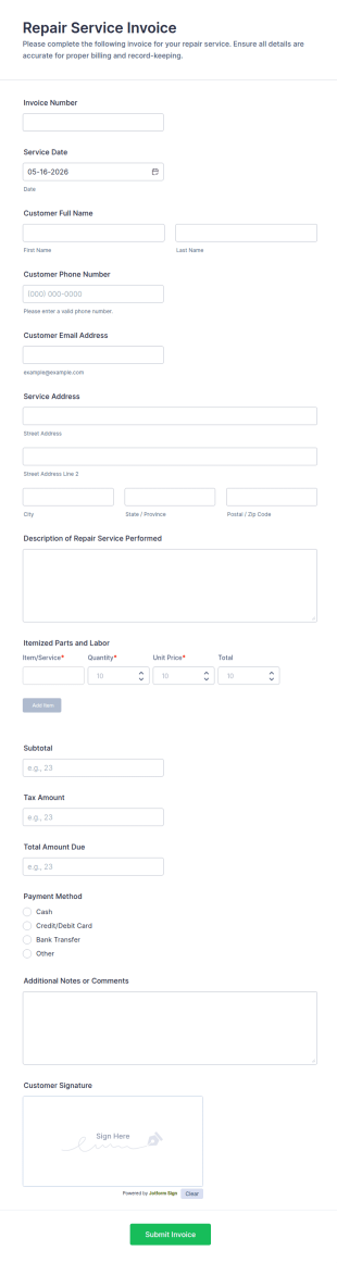 Repair Service Invoice Form Template