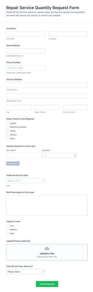 Repair Service Quantity Request Form Template