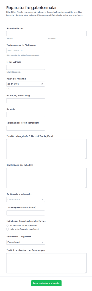Reparaturfreigabeformular