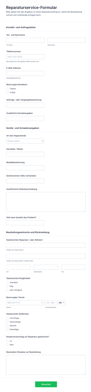 Reparaturservice Anfrage Formular