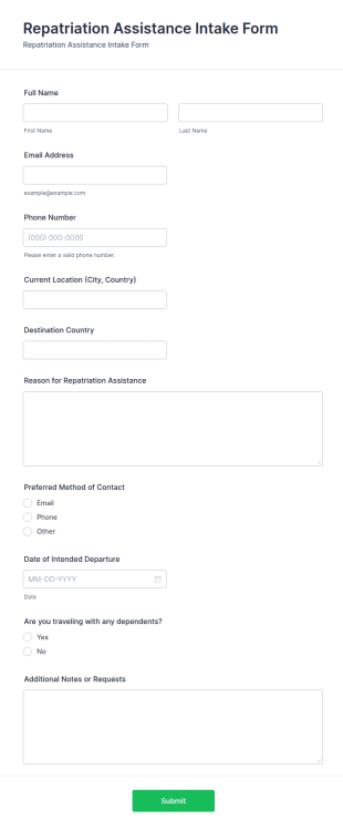 Repatriation Assistance Intake Form Template