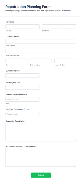 Repatriation Planning Form Template