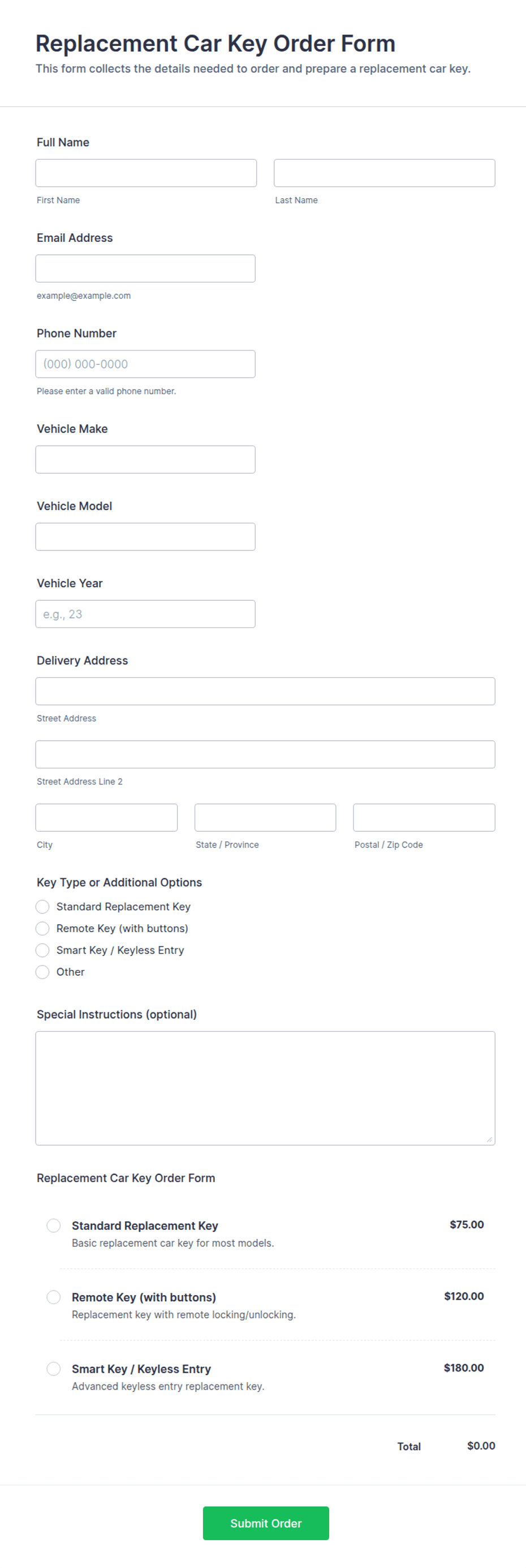 Replacement Car Key Order Form Template | Jotform