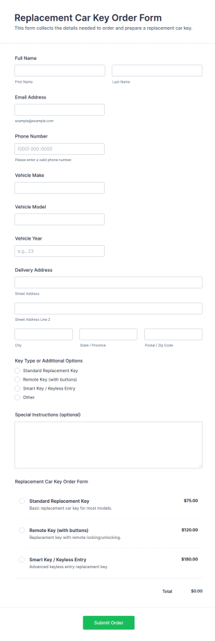 Replacement Car Key Order Form Template