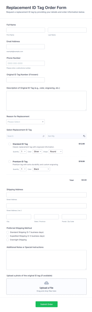 Replacement ID Tag Order Form Template
