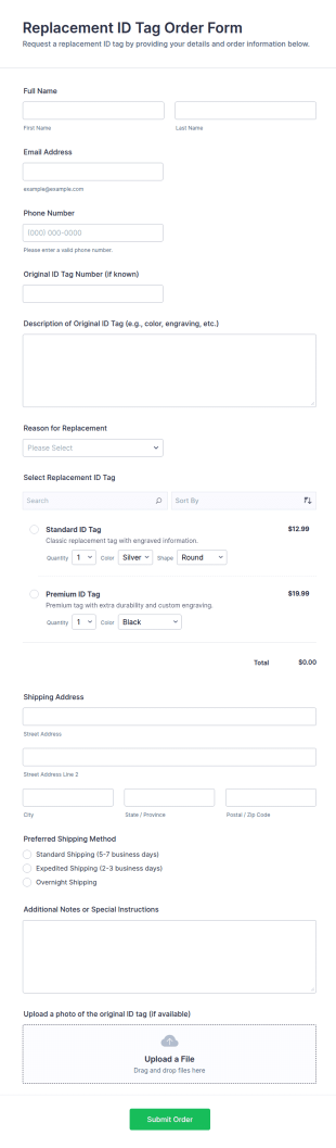 Replacement ID Tag Order Form Template