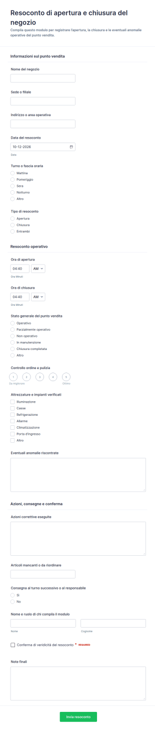 Report Di Apertura E Chiusura Del Negozio