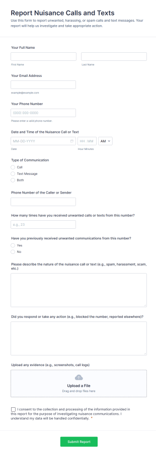Report Nuisance Calls And Texts Form Template