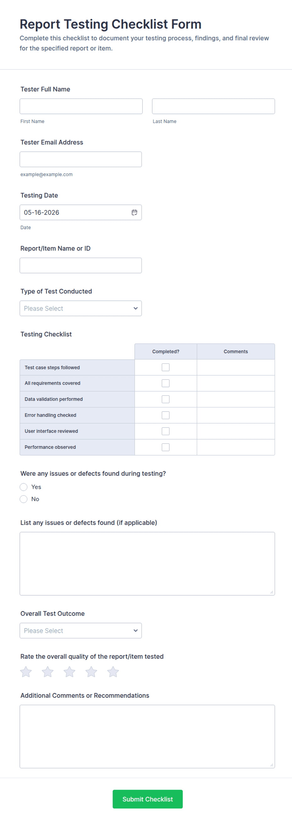 Test Detailed Checklist Report Testing Checklist Form Template | Jotform
