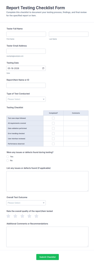 Report Testing Checklist Form Template