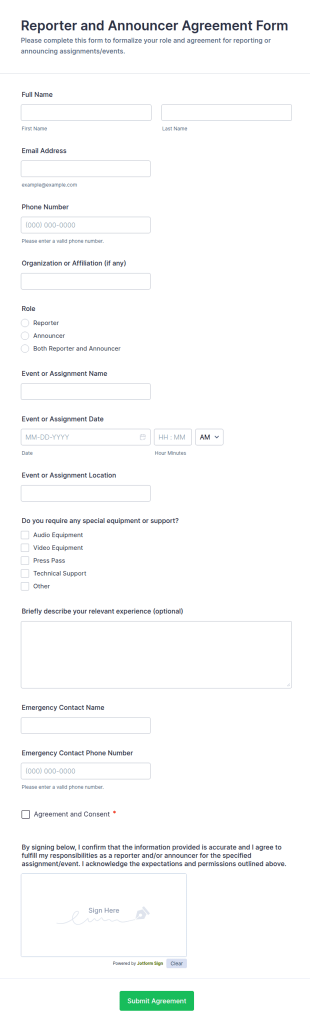 Reporter And Announcer Agreement Form Template