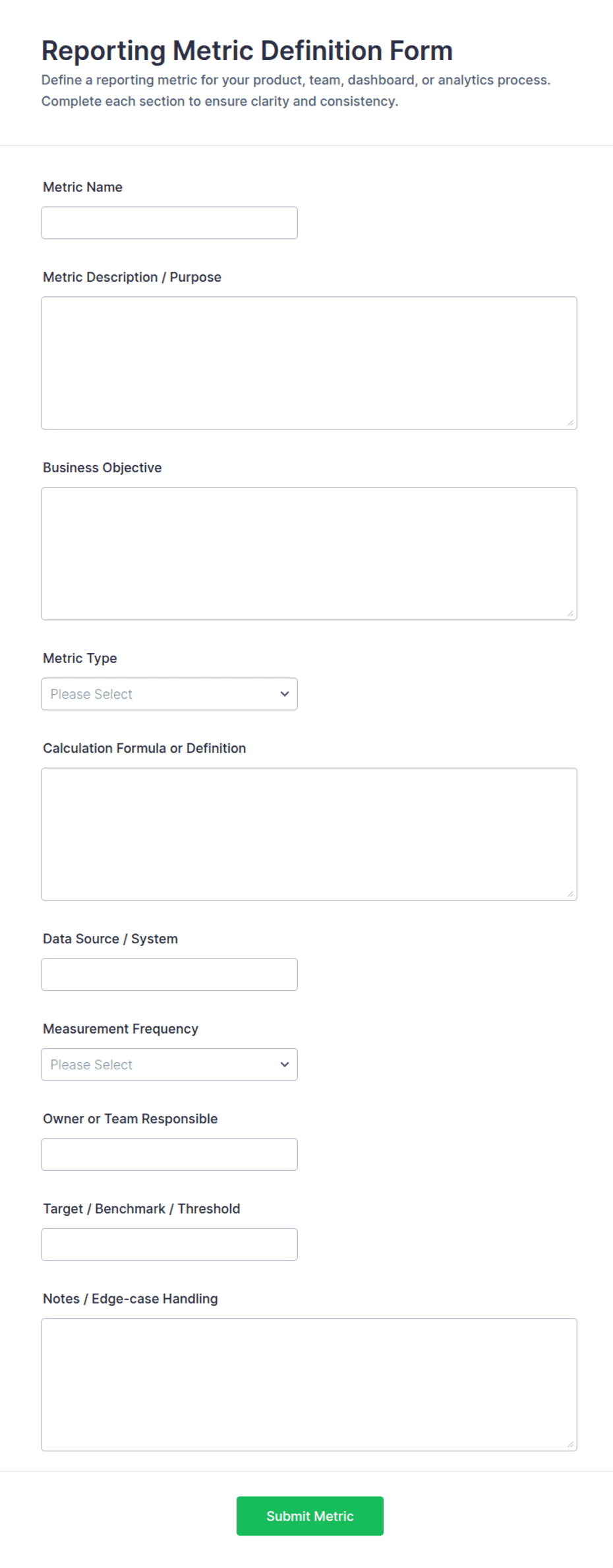 Reporting Metric Definition Form Template | Jotform