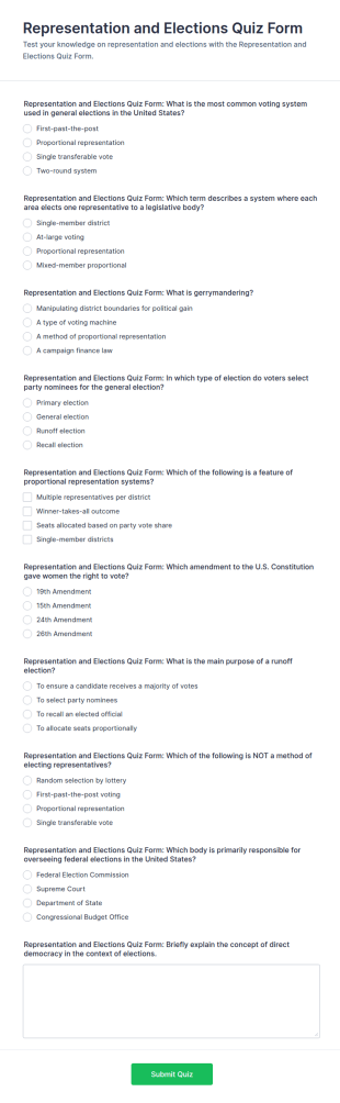 Representation And Elections Quiz Form Template