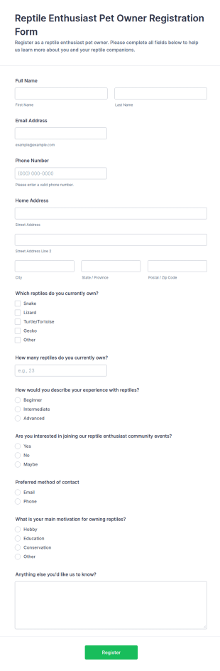 Reptile Enthusiast Pet Owner Registration Form Template