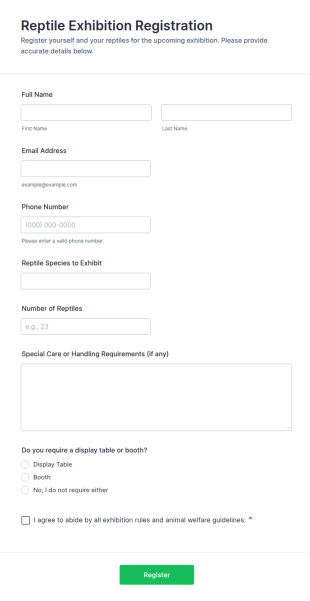 Reptile Exhibition Registration Form Template