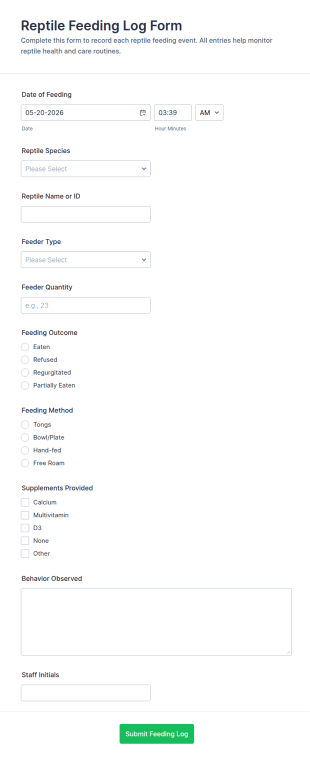 Reptile Feeding Log Form Template