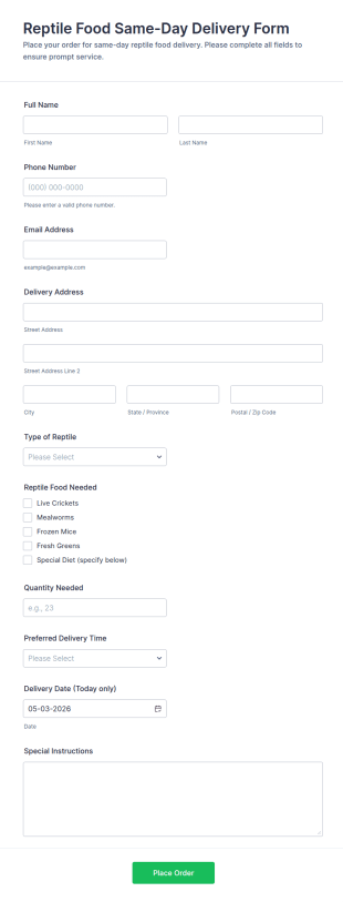 Reptile Food Same Day Delivery Order Form Template