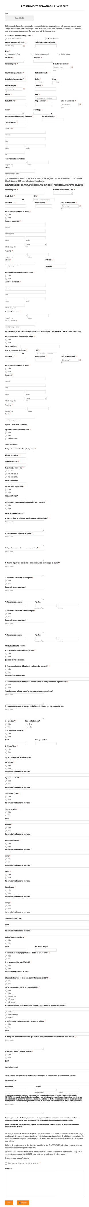 REQUERIMENTO DE MATRÍCULA ANO 2022 Form Template