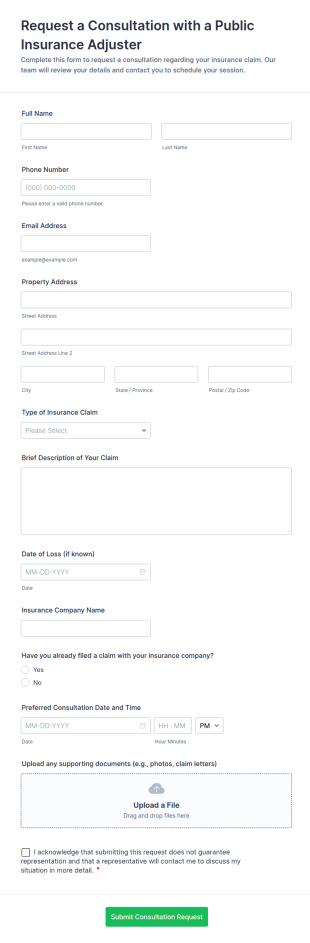 Public Insurance Adjuster Consultation Request Form Template