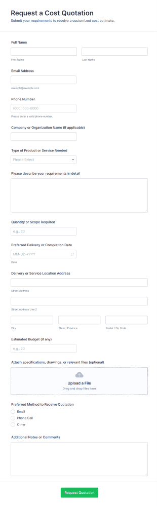 Request A Cost Quotation Form Template