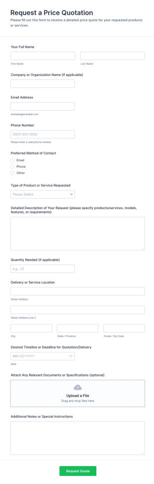 Request A Price Quotation Form Template