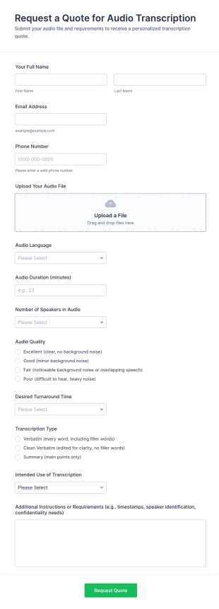 Request A Quote For Audio Transcription Form Template