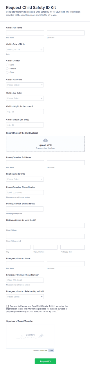 Child Safety ID Kit Request Form Template