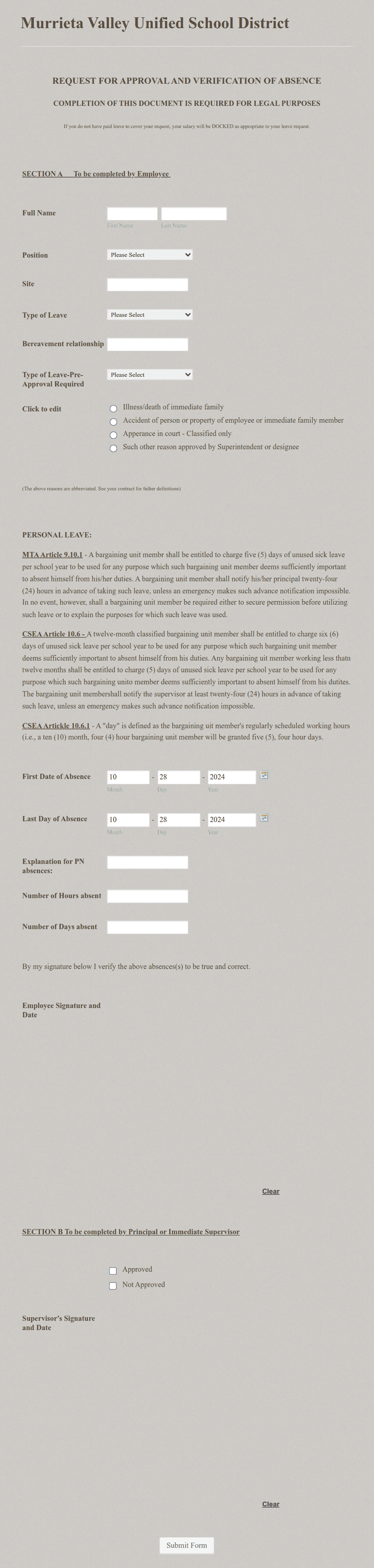 Request for Approval and Verification of Absence Form Template | Jotform