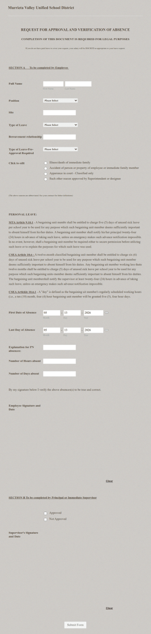 Request For Approval And Verification Of Absence Form Template