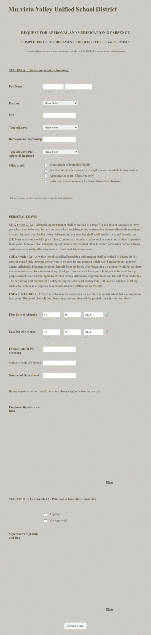 Request For Approval And Verification Of Absence Form Template