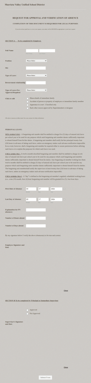 Request For Approval And Verification Of Absence Form Template