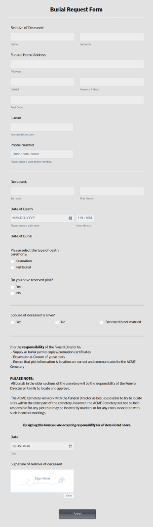 Request For Burial Form Template