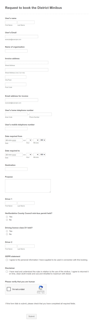 District Minibus Booking Request Form Template