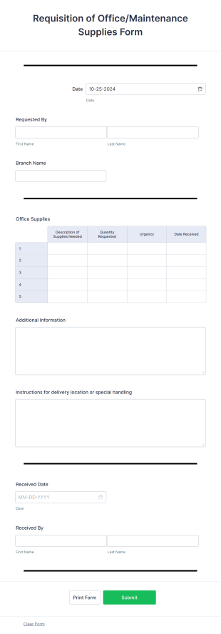 Requisition Of Office Maintenance Supplies Form Template
