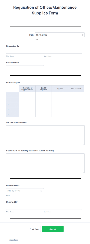 Requisition Of Office Maintenance Supplies Form Template