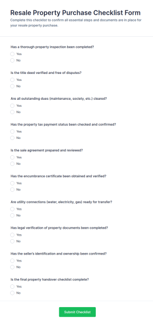 Resale Property Purchase Checklist Form Template