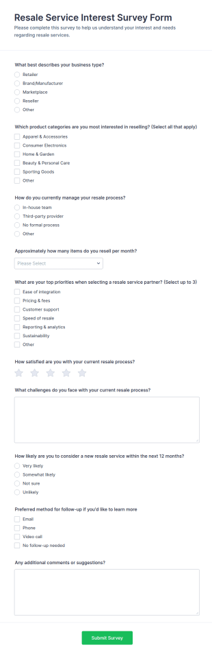 Resale Service Interest Survey Form Template