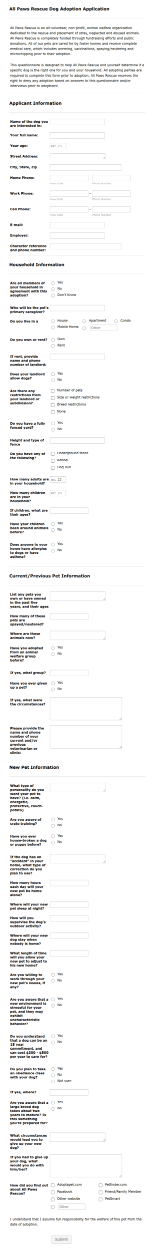 Rescue Dog Adoption Application Form Template