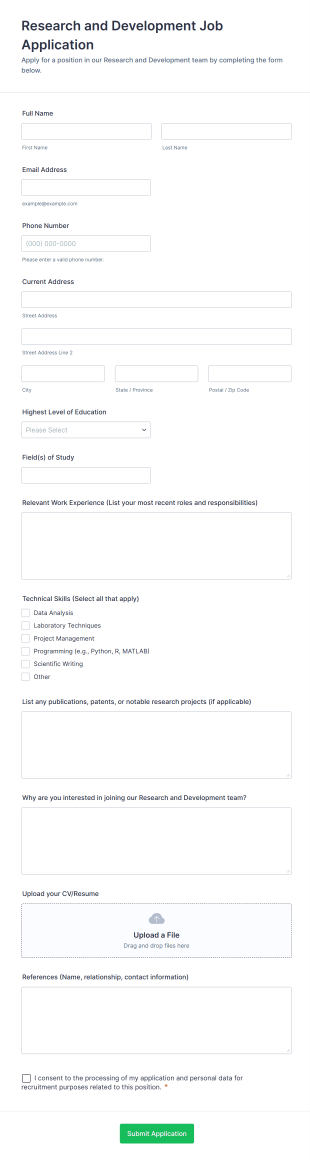 Research And Development Job Application Form Template