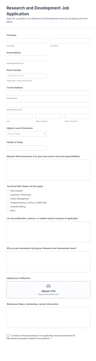 Research And Development Job Application Form Template