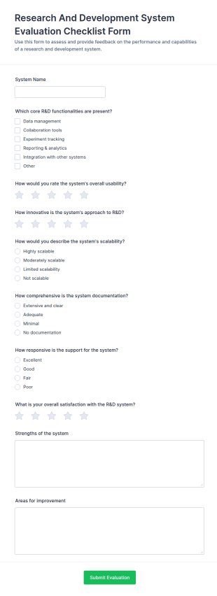 Research And Development System Evaluation Checklist Form Template