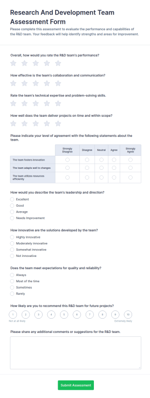 Research And Development Team Assessment Form Template