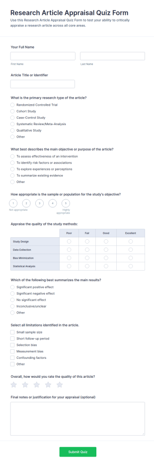 Research Article Appraisal Quiz Form Template