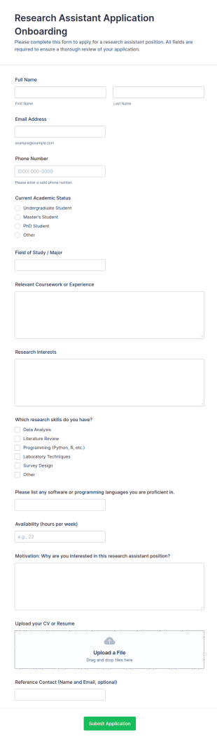 Research Assistant Application Onboarding Form Template