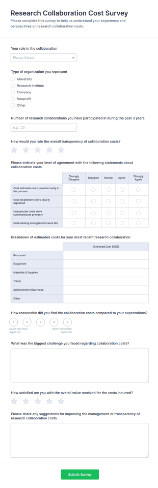 Research Collaboration Cost Survey Form Template