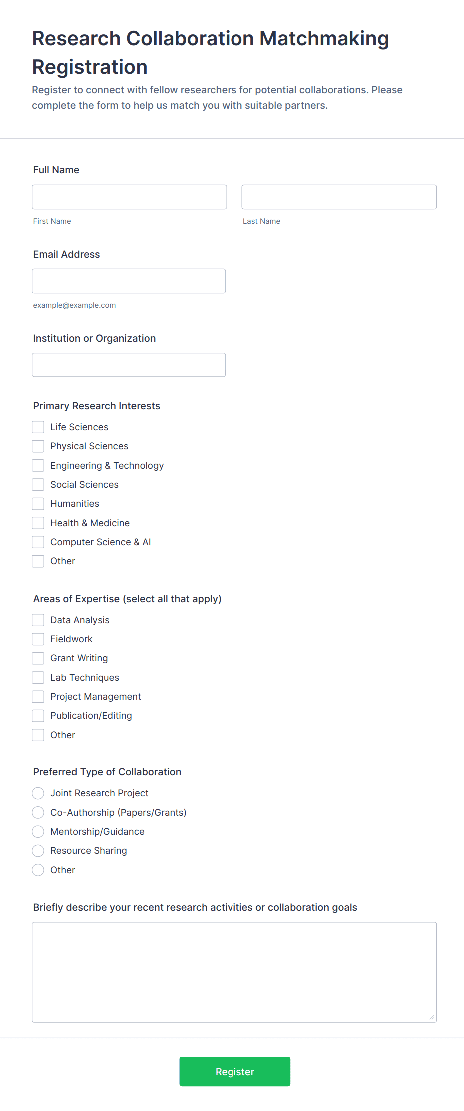 Research Collaboration Matchmaking Registration Form Template | Jotform